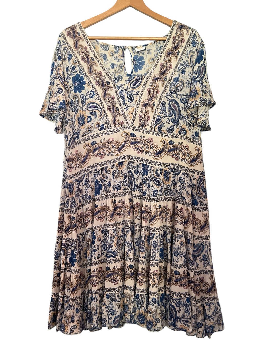 Bila V-Neck Cream Blue Floral Paisley Boho Festival whimsical Mini Dress Size M